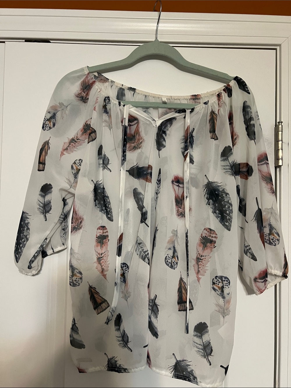 Women's White Feather Print Peasant Blouse